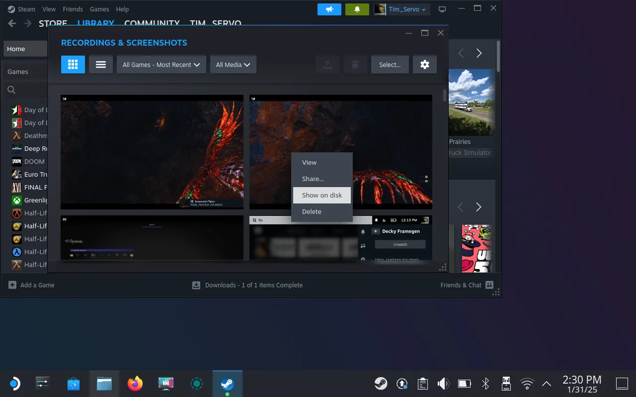 Menu ngữ cảnh của ảnh chụp màn hình trong Steam Desktop Mode với tùy chọn &quot;Show on Disk&quot;, hướng dẫn cách mở thư mục chứa ảnh.