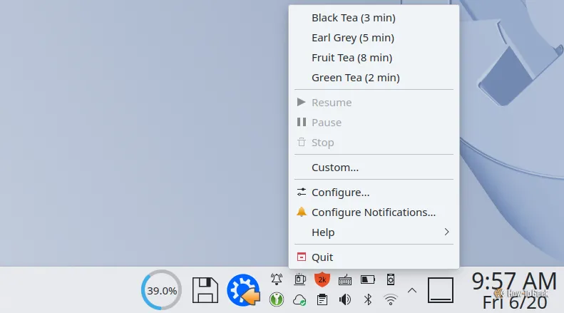 Menu ngữ cảnh widget KTeaTime trong khay hệ thống KDE Plasma hiển thị các tùy chọn hẹn giờ cho các loại trà khác nhau.