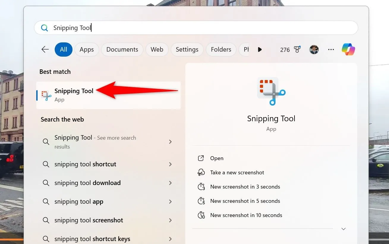 Mở Snipping Tool từ thanh tìm kiếm Windows