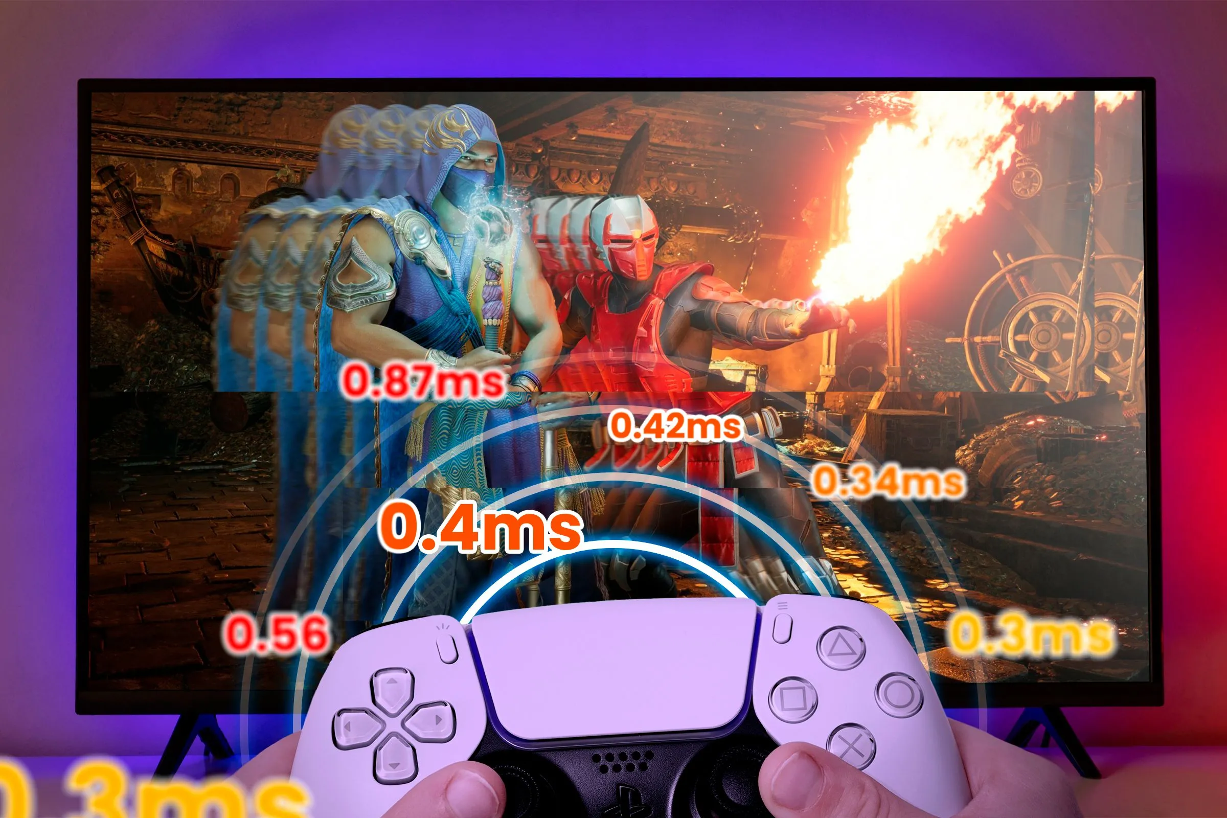 Một bàn tay cầm tay cầm PS5 thể hiện độ trễ đầu vào (input lag) và màn hình TV hiển thị game bị tụt FPS.