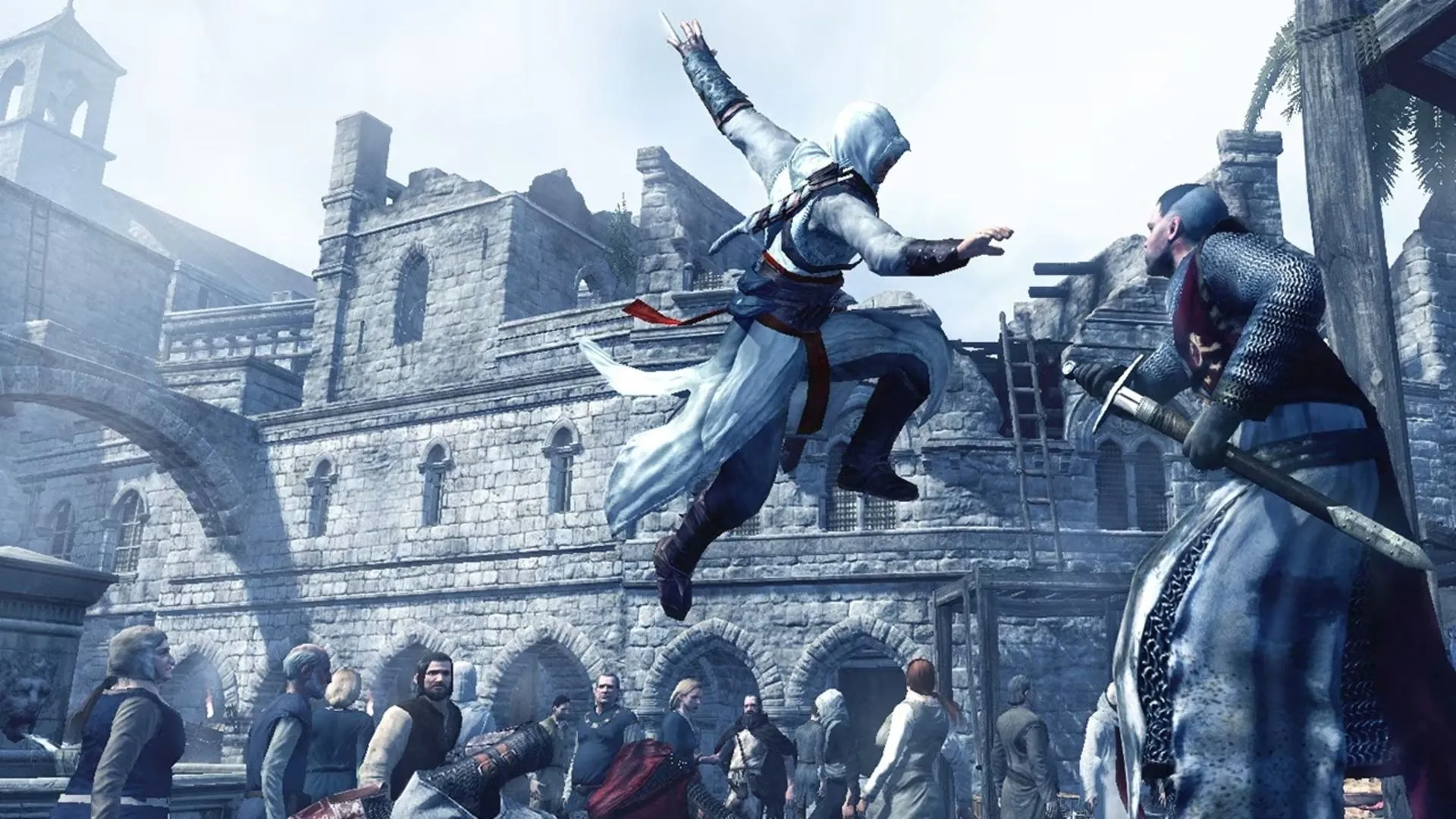 Một cảnh hành động lén lút trong Assassin's Creed, Altaïr đang ẩn nấp