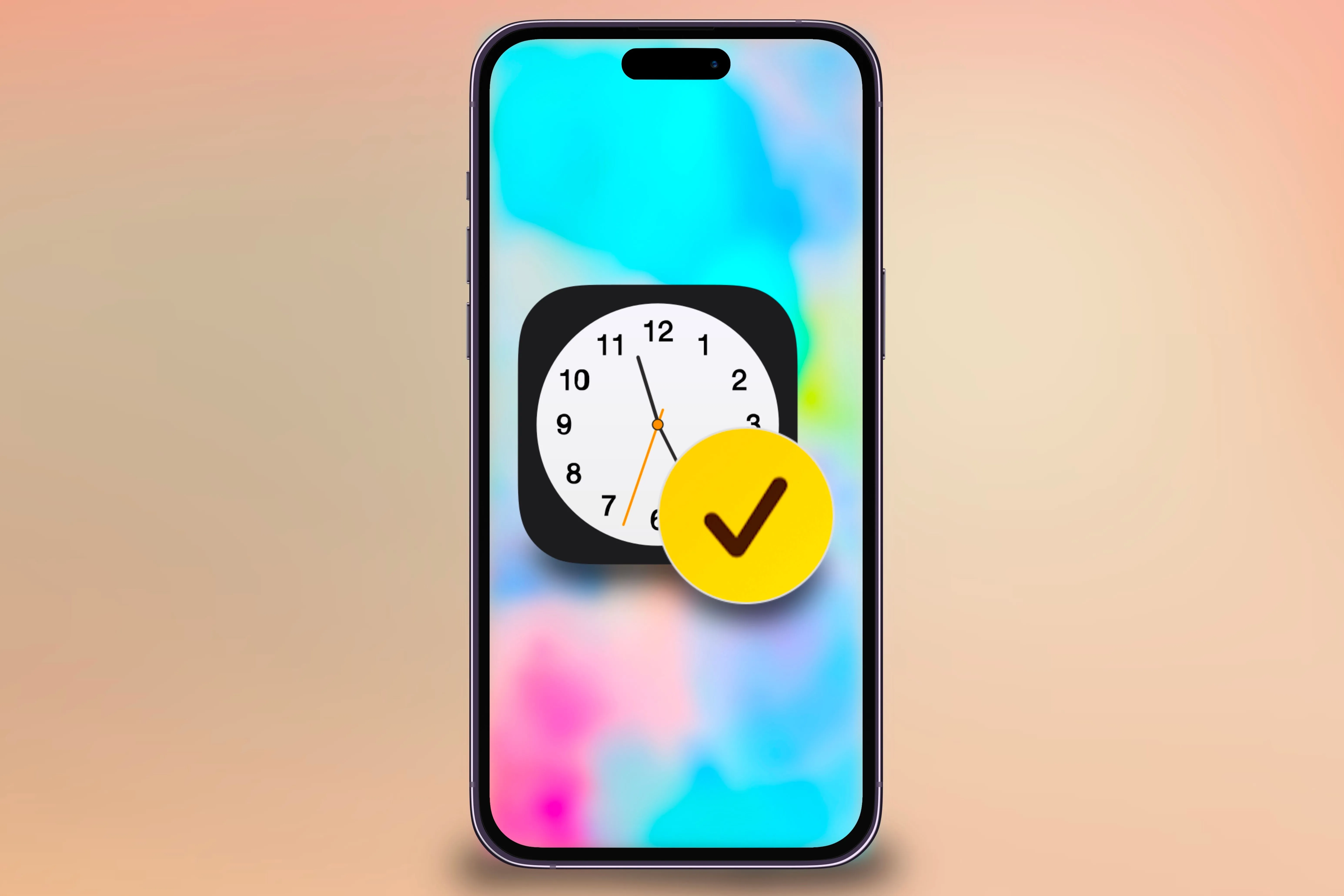 Một chiếc iPhone hiển thị ứng dụng Đồng hồ và biểu tượng Check In trên nền đầy màu sắc.