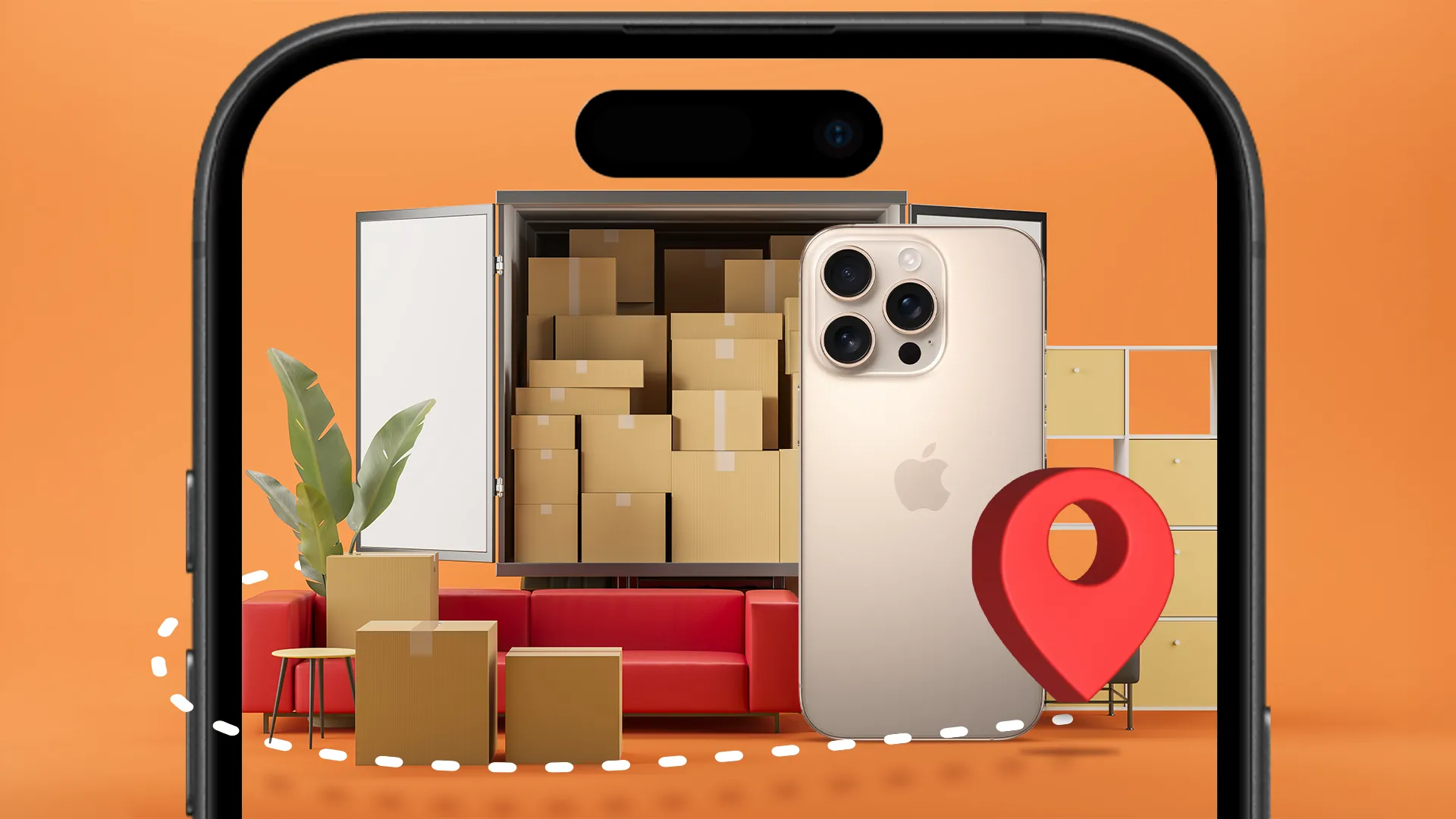 Một chiếc xe tải với nhiều hộp carton, một chiếc ghế sofa, một số đồ nội thất và một chiếc iPhone đặt cạnh chúng, minh họa khả năng đo đạc.