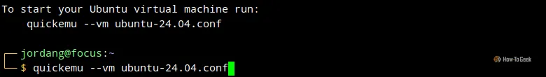 Một cửa sổ terminal Linux hiển thị kết quả lệnh quickget đang tải ảnh Ubuntu 24.04, kèm theo lệnh để khởi chạy máy ảo trong QEMU.