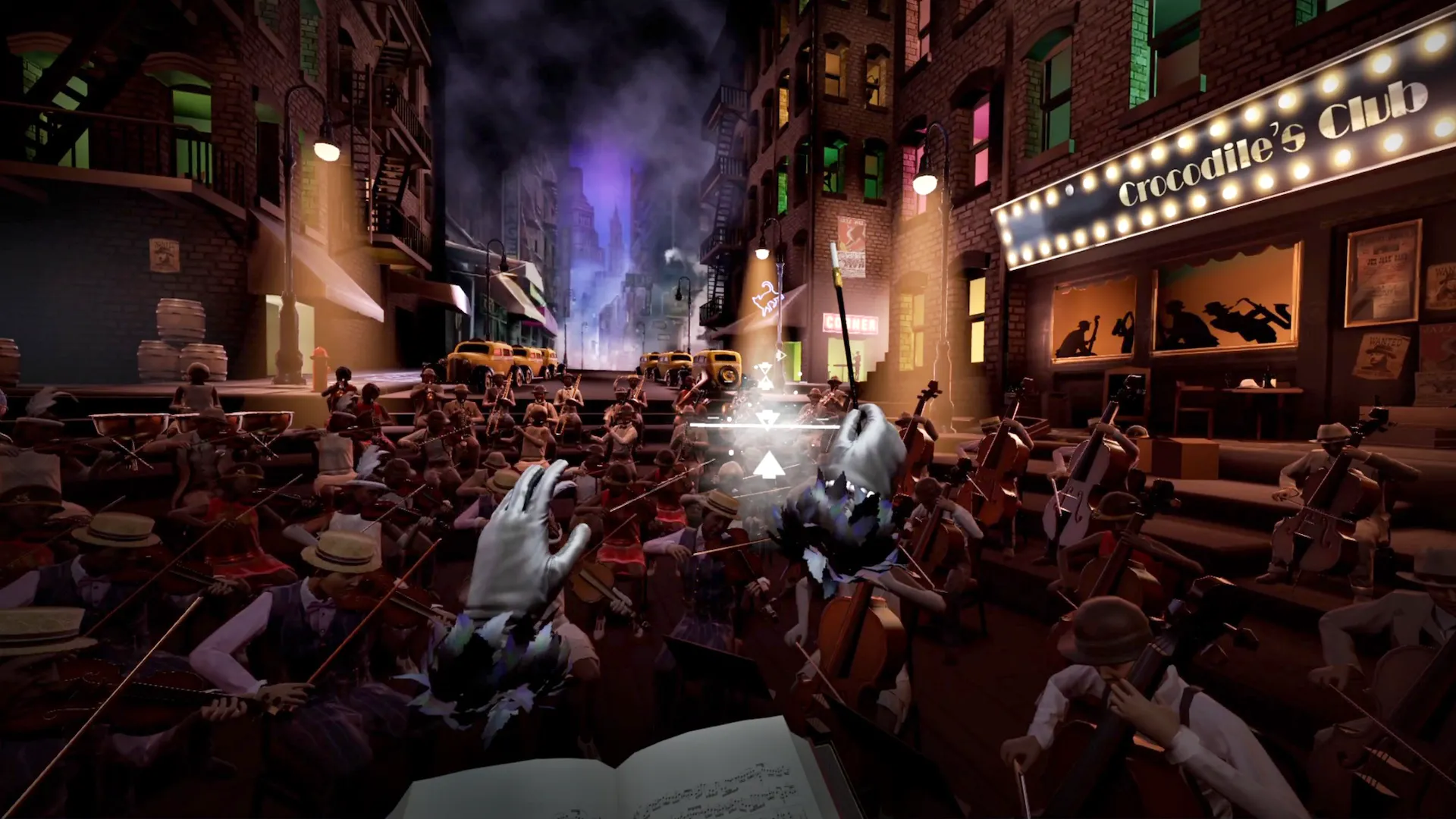 Một dàn nhạc jazz biểu diễn trên đường phố New York trong tựa game VR Maestro, thể hiện tiềm năng giải trí của thực tế ảo.