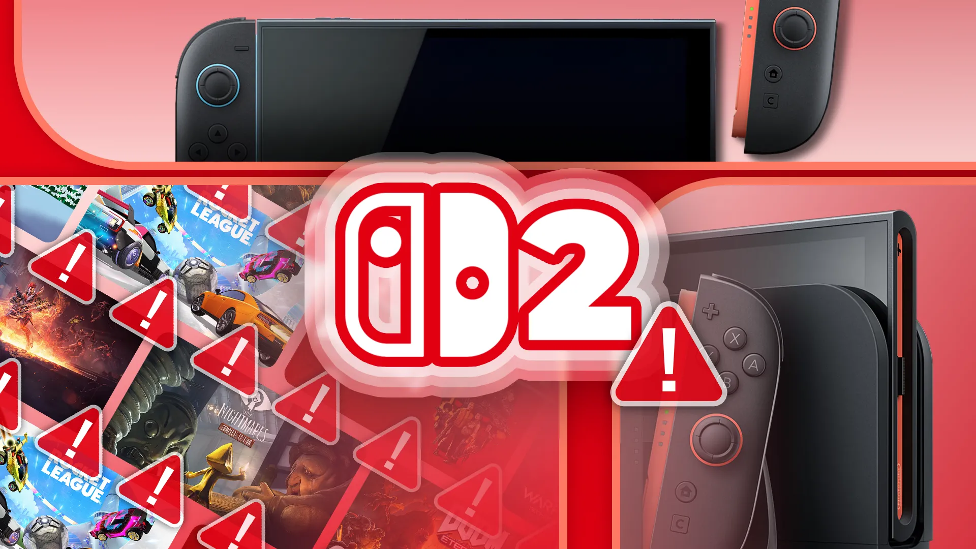 Một hình ảnh minh họa Nintendo Switch 2 với logo ở trung tâm và các biểu tượng game cùng dấu cảnh báo, cho thấy khả năng tương thích ngược có giới hạn.