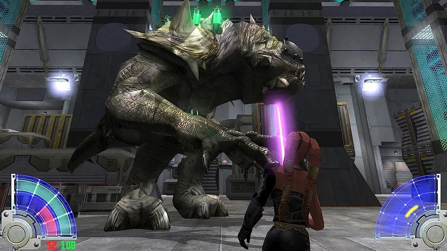 Một Jedi sử dụng lightsaber trong trận chiến từ Star Wars: Jedi Knight, minh họa cơ chế chiến đấu ánh sáng kiếm độc đáo.