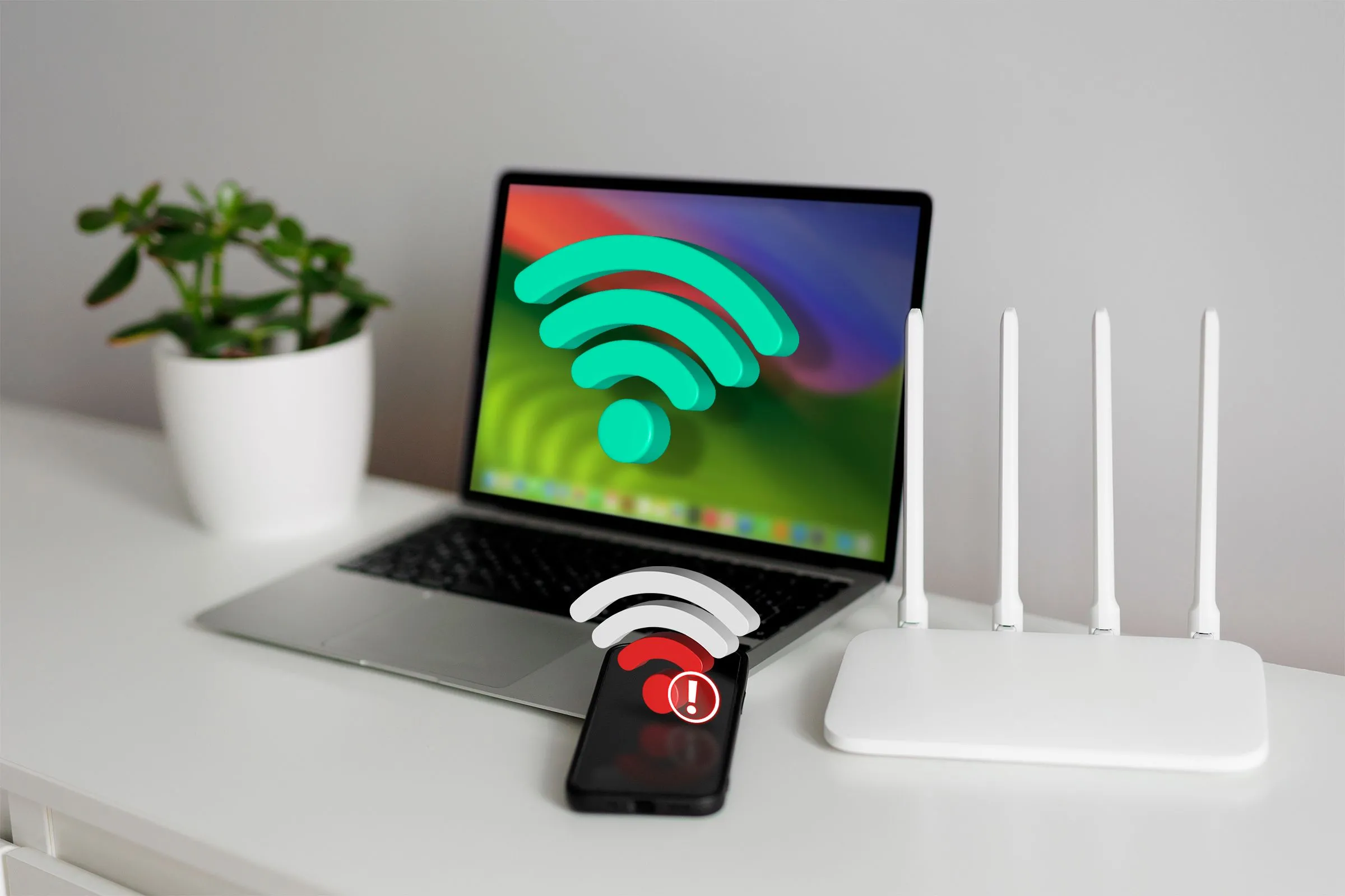 Một máy tính xách tay với tín hiệu Wi-Fi mạnh, một điện thoại với tín hiệu Wi-Fi yếu và một bộ định tuyến nằm cạnh chúng