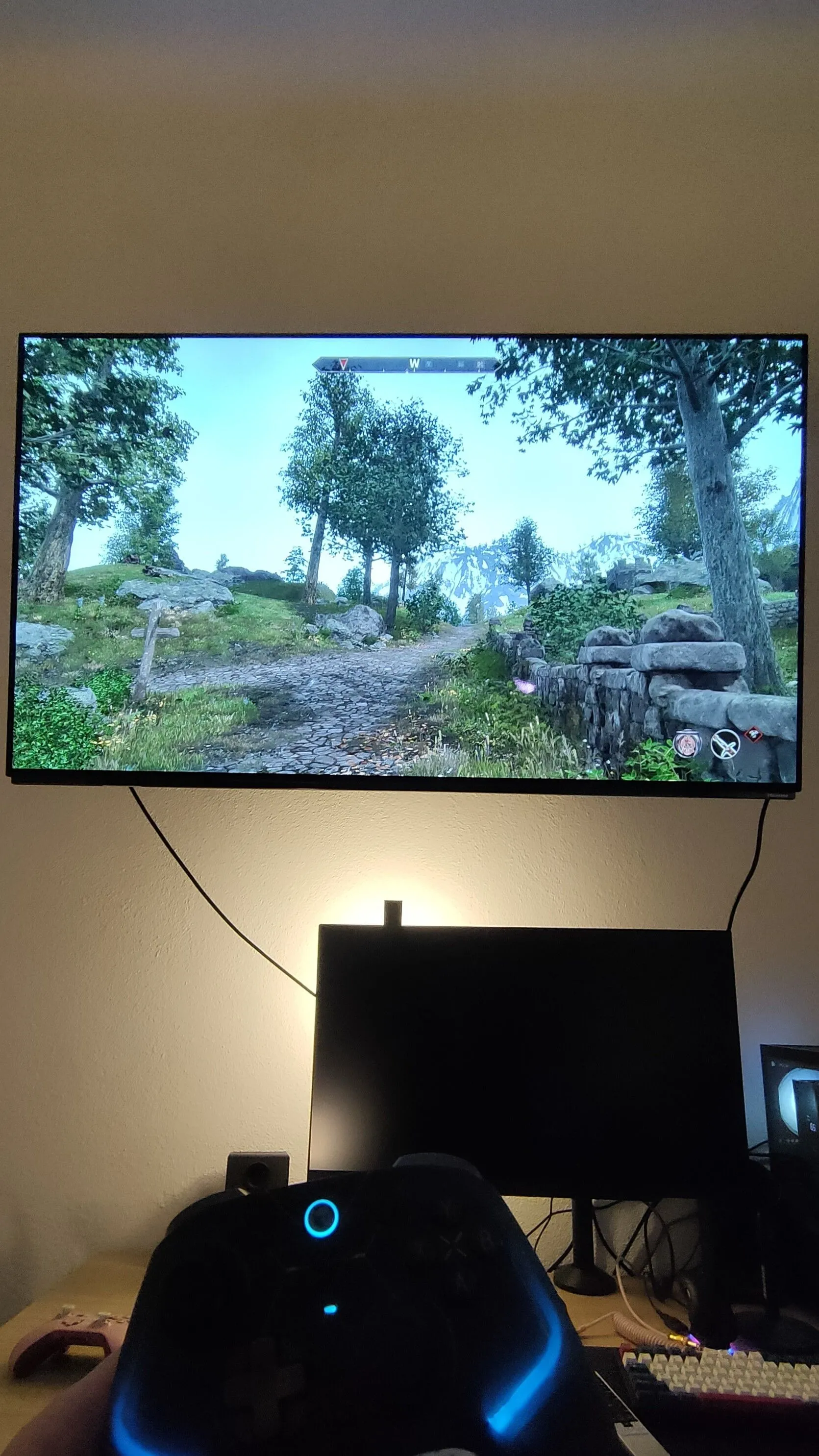 Một người đang chơi game The Elder Scrolls IV: Oblivion Remastered trên TV OLED 4K lớn bằng tay cầm.
