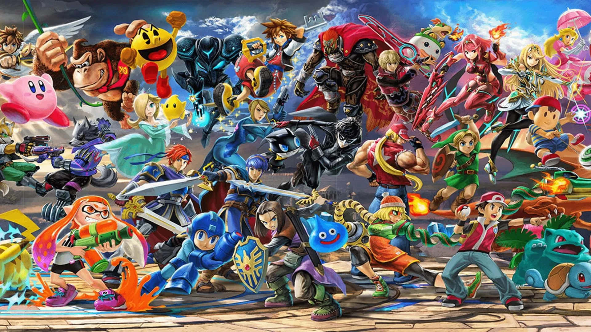 Một phần biểu ngữ lớn hiển thị đa dạng các nhân vật có thể chơi trong Super Smash Bros. Ultimate