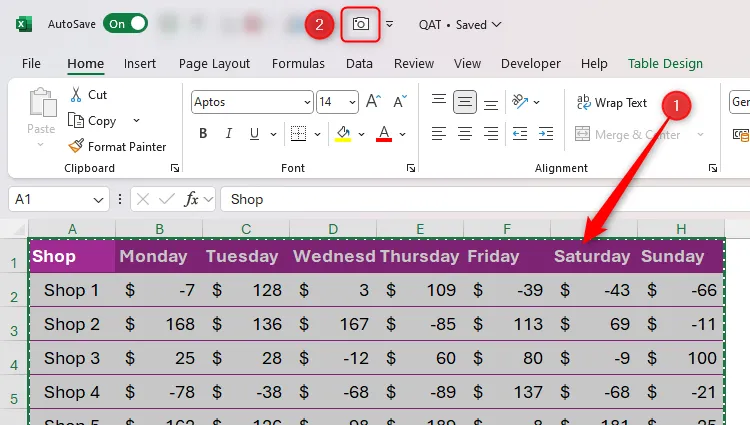 Một số dữ liệu Excel được chọn, và công cụ Camera trong Quick Access Toolbar được tô sáng