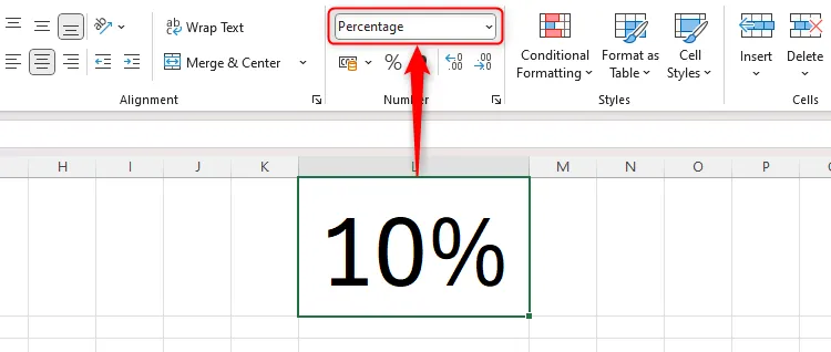 Một trang Excel hiển thị phần trăm trong ô L1, và định dạng số tương ứng trong nhóm Number của tab Home phản ánh loại dữ liệu này
