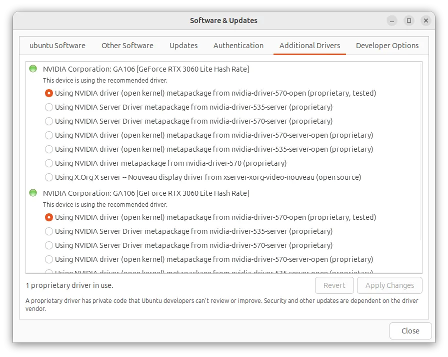Mục quản lý driver phần cứng trong Ubuntu Software &amp; Updates, nơi hiển thị các driver cần thiết cho thiết bị.