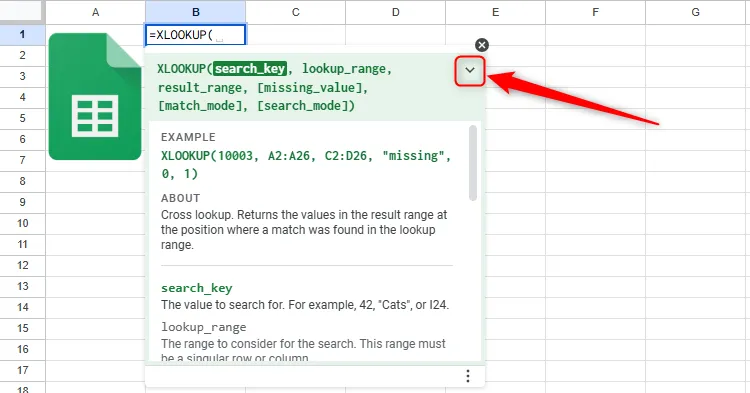 Mũi tên xuống trong hộp thoại cú pháp công thức Google Sheets được nhấp để hiển thị thông tin và hỗ trợ chi tiết.
