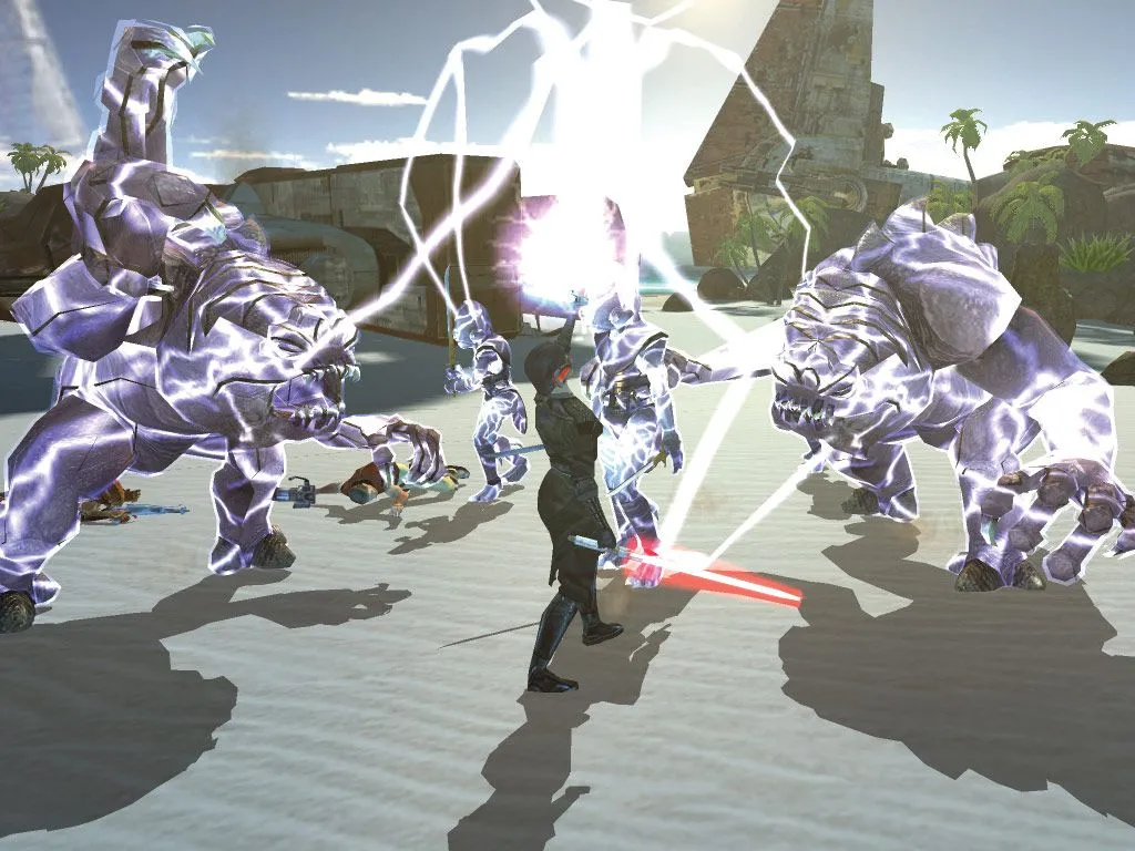 Người chơi Jedi với lightsaber xanh trong game Star Wars: Knights of the Old Republic, thể hiện sự lựa chọn giữa ánh sáng và bóng tối.
