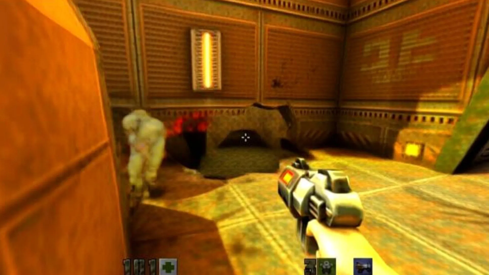 Người chơi Quake 2 phiên bản AI đối mặt với kẻ thù &quot;ma quái&quot; và lỗ hổng đồ họa trên tường.