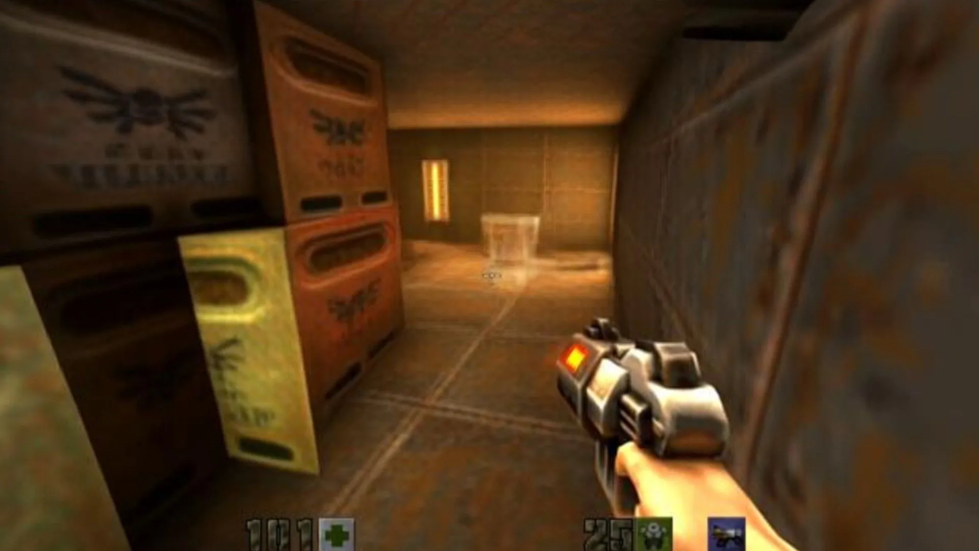 Người chơi Quake 2 phiên bản AI nhìn vào những khối hộp được AI tạo ra làm bức tường trong game.