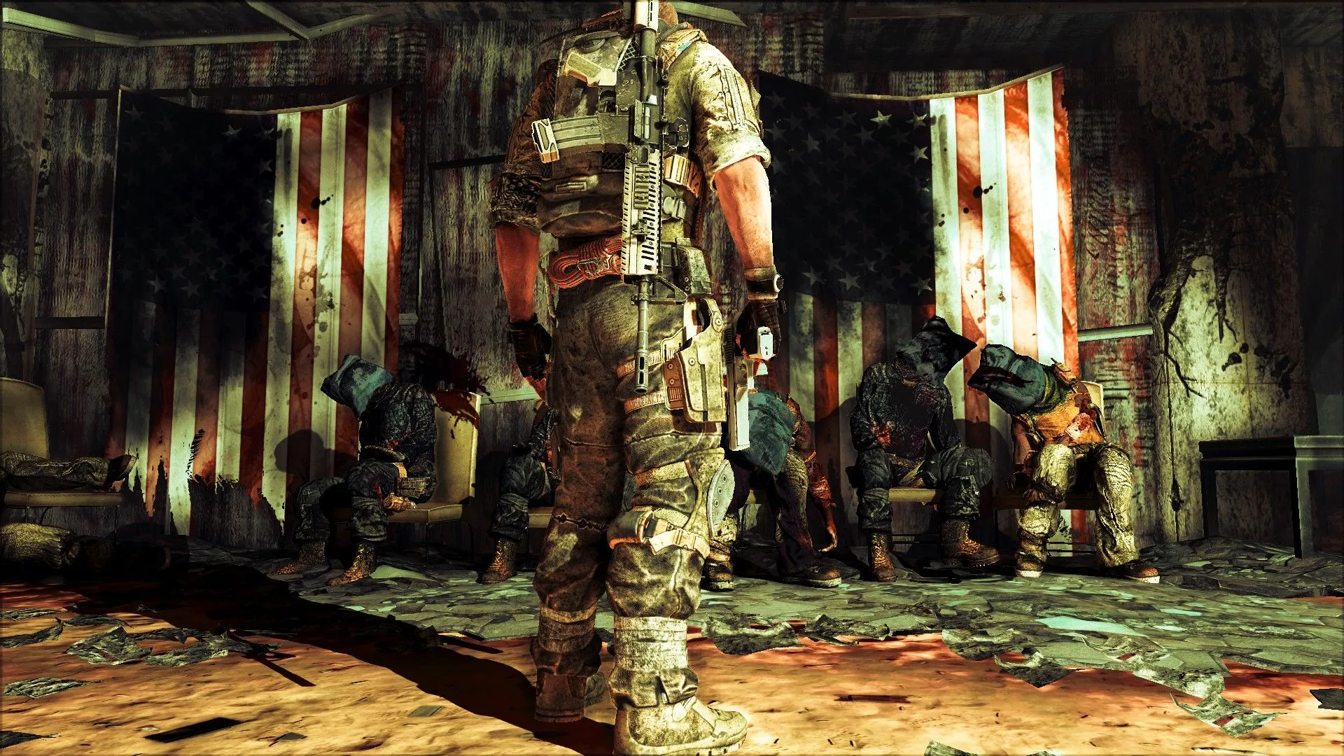 Người chơi Spec Ops nhìn những con tin đã chết trước một lá cờ Mỹ.