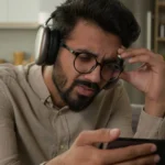 Người dùng di động nhìn iPhone với tai nghe AirPods Max, thể hiện sự lo lắng về việc chơi game gacha tốn kém