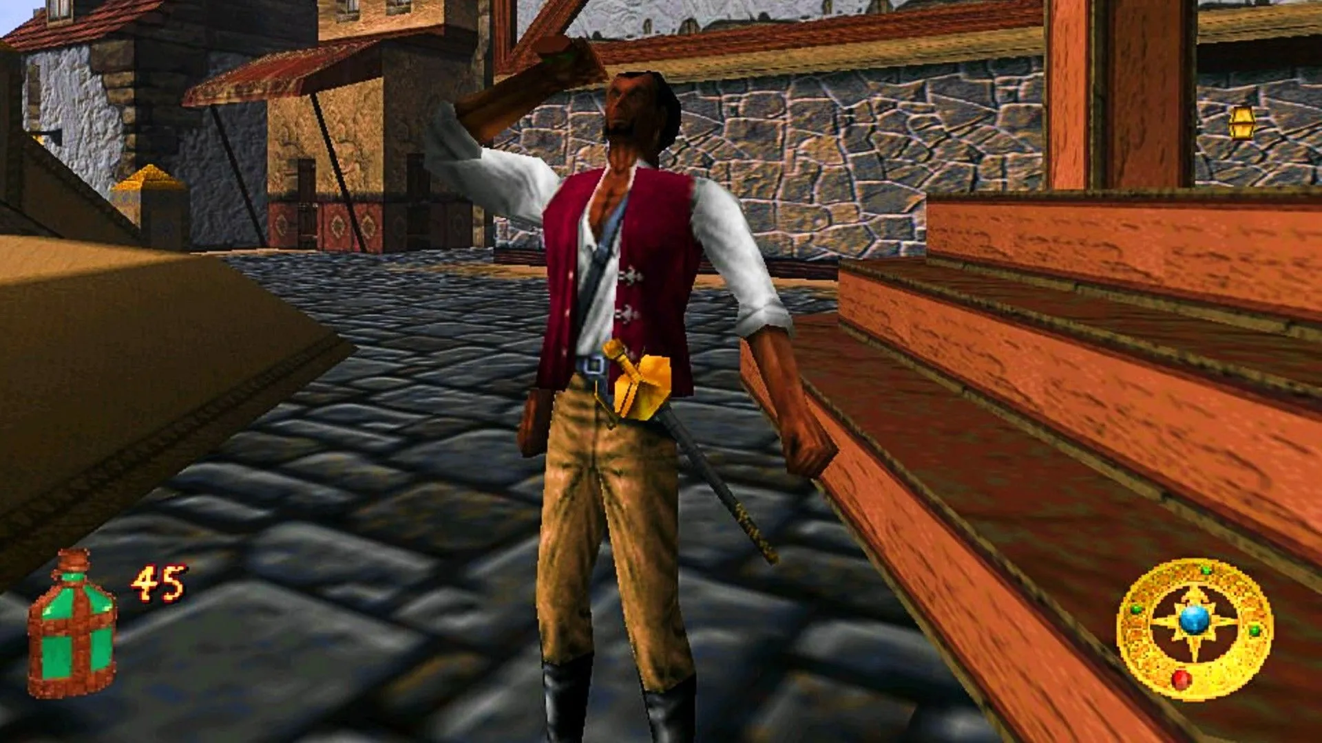 Nhân vật Cyrus uống thuốc trên phố trong The Elder Scrolls Adventures: Redguard, minh họa lối chơi khác biệt của tựa game phiêu lưu này.