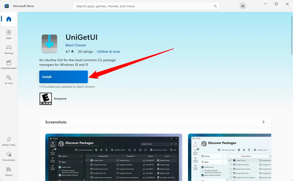 Nút cài đặt UniGetUI trên Microsoft Store với chú thích &quot;Click the install button&quot; (Bấm nút cài đặt).