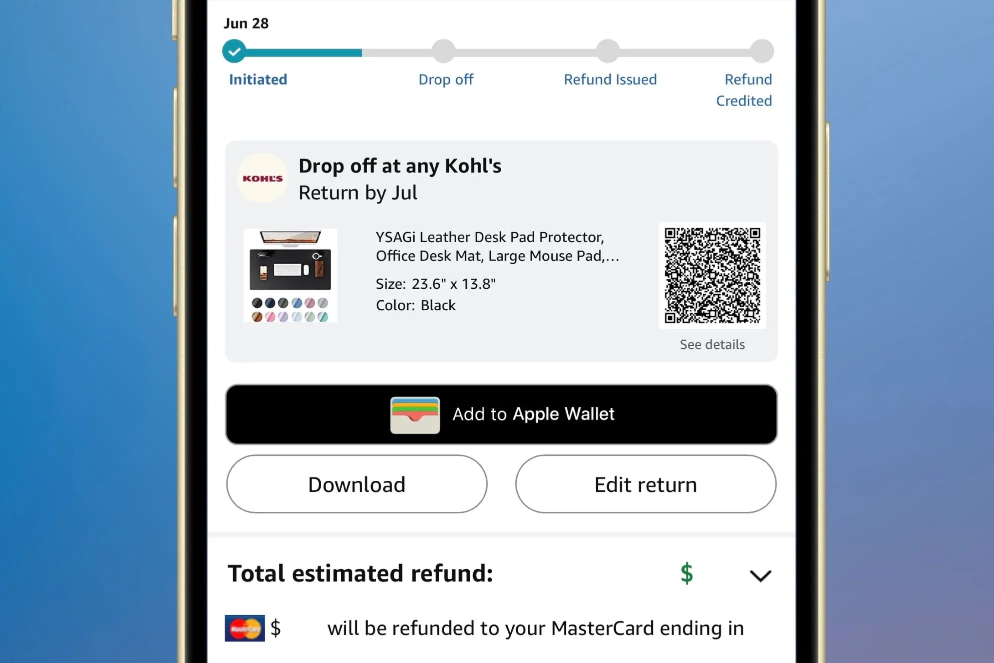 Nút &quot;Thêm vào Apple Wallet&quot; xuất hiện trên trang tóm tắt trả hàng Amazon trên iPhone, giúp thêm mã QR vào ví điện tử.