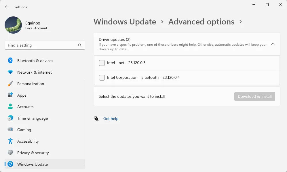 Phần trình điều khiển trong màn hình Windows Update, hiển thị các bản cập nhật driver có sẵn
