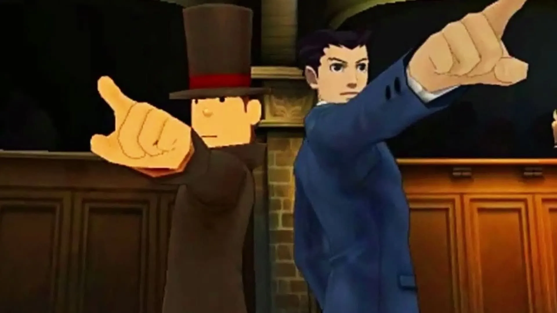 Professor Layton và Phoenix Wright đứng lưng vào nhau, đưa ra một lời buộc tội.
