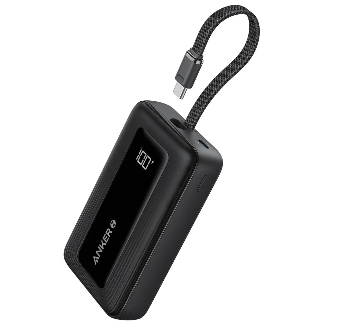 Sạc dự phòng Anker Zolo 10K màu đen với cáp USB-C tích hợp và màn hình hiển thị dung lượng pin.
