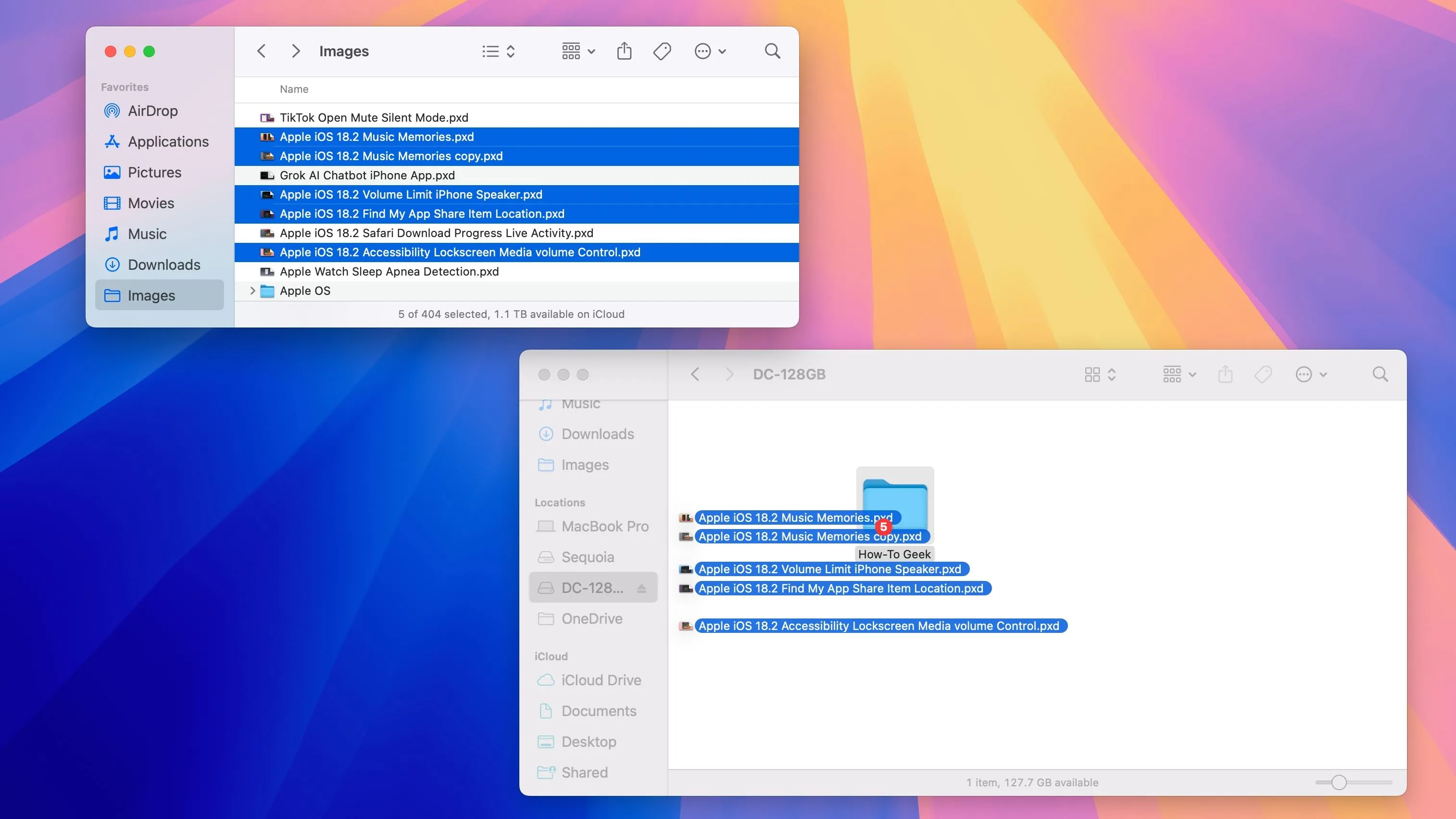 Sao chép các tệp giữa hai cửa sổ Finder trên macOS Sequoia 15.3.