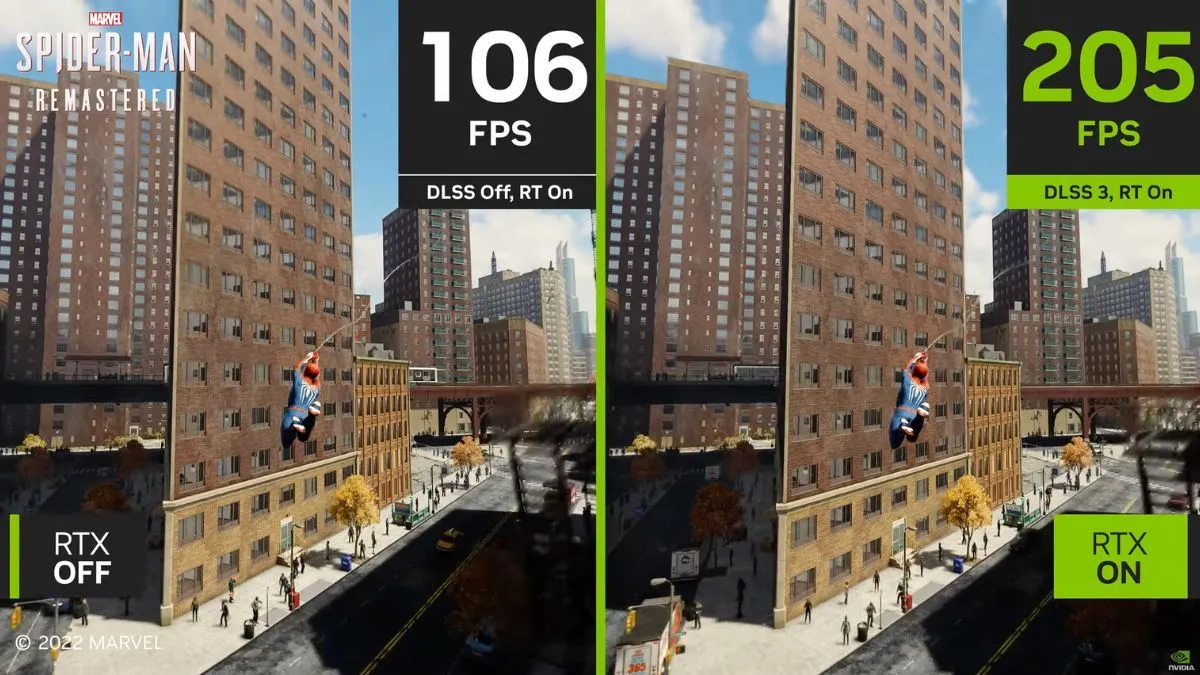 So sánh hiệu suất chơi game Spider-Man Remastered với công nghệ DLSS 3 của NVIDIA được bật và tắt.