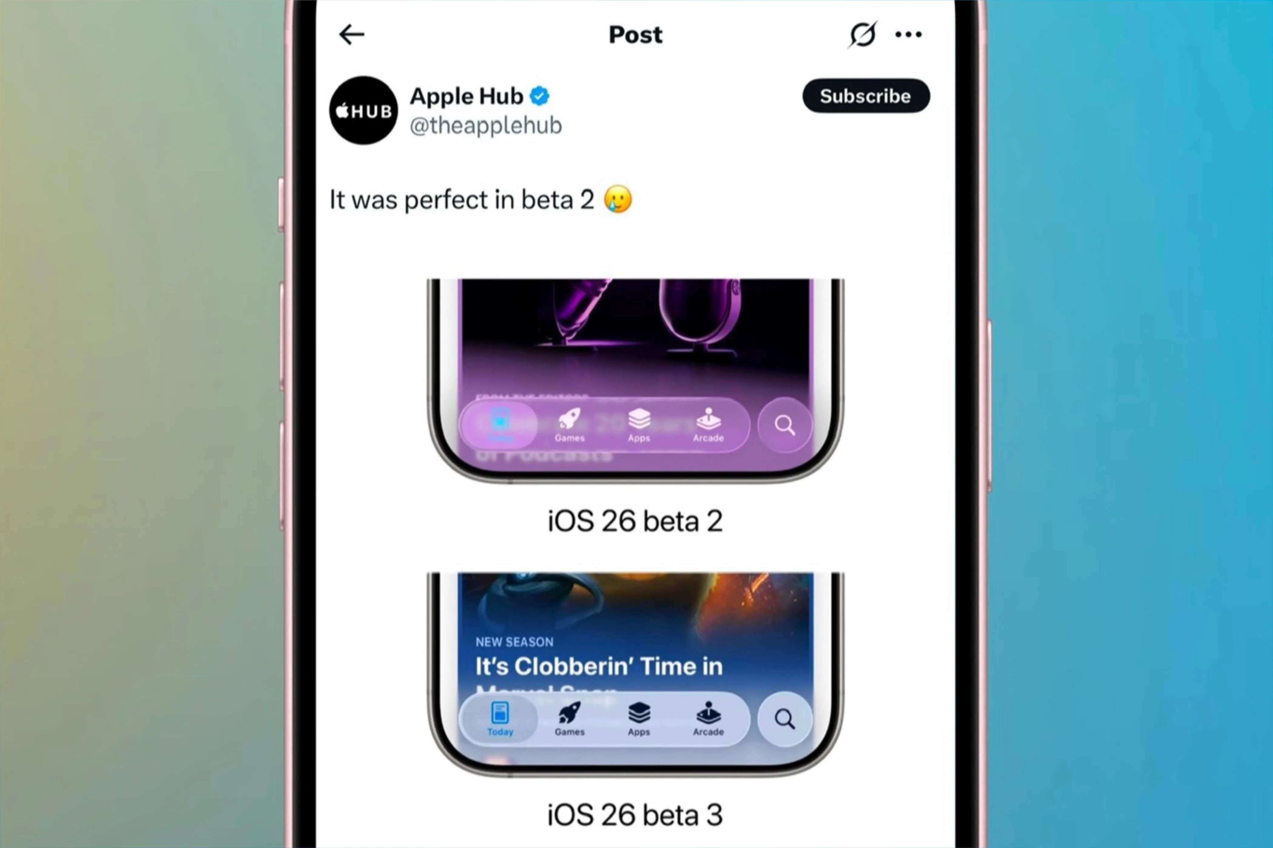 So sánh hiệu ứng Liquid Glass trên iOS 26 giữa bản beta 2 và beta 3, cho thấy sự khác biệt về độ mờ.