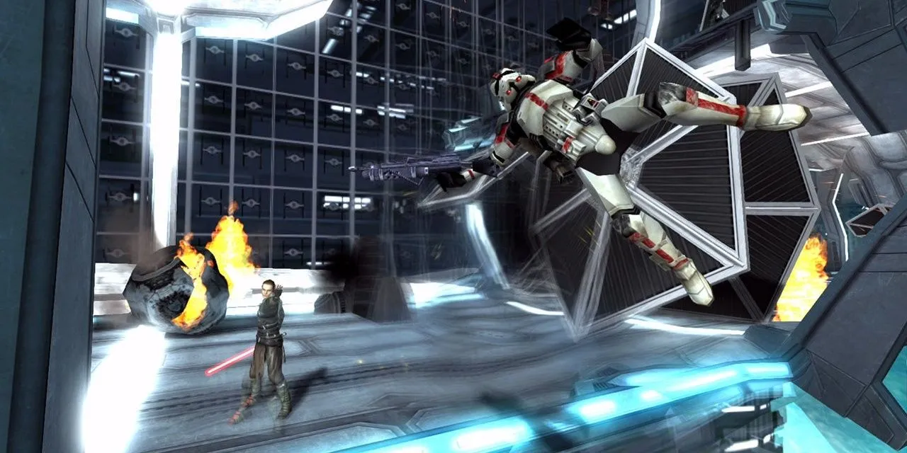 Starkiller dùng Thần Lực nâng Stormtrooper trong Star Wars: The Force Unleashed, minh họa sức mạnh phi thường của nhân vật.