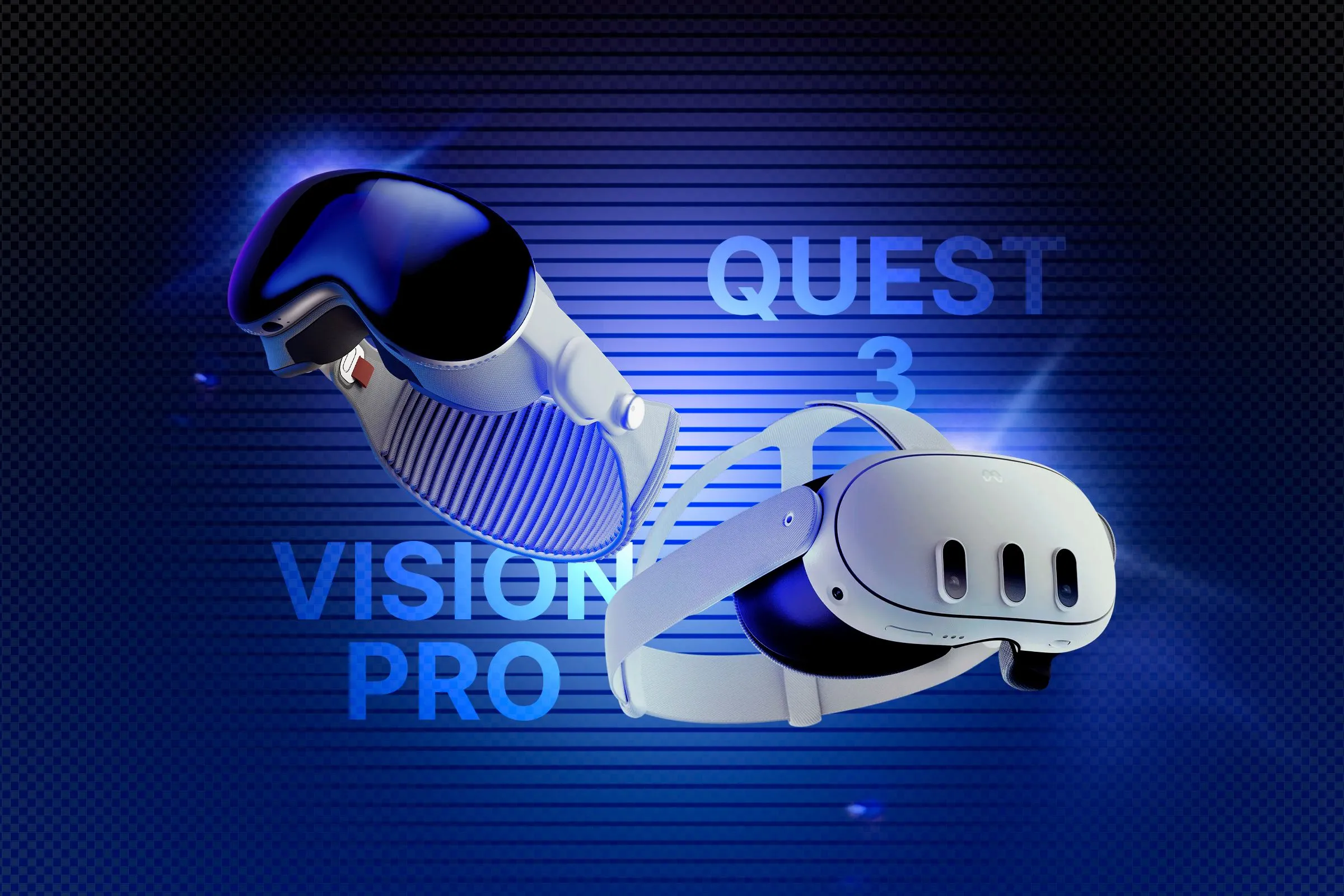 Tai nghe Apple Vision Pro và Meta Quest 3 đặt cạnh nhau, so sánh thiết bị thực tế hỗn hợp hàng đầu.