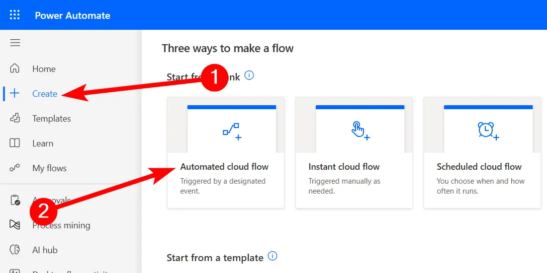 Tạo luồng đám mây tự động (Automated Cloud Flow) trong giao diện Power Automate for Web để bắt đầu tự động hóa.