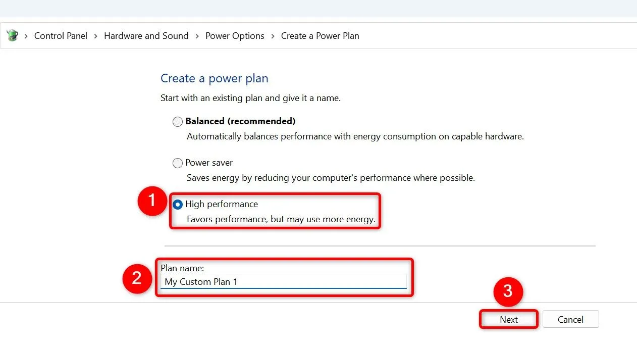 Tạo một gói năng lượng mới với tùy chọn &quot;High Performance&quot; trên Windows 11.