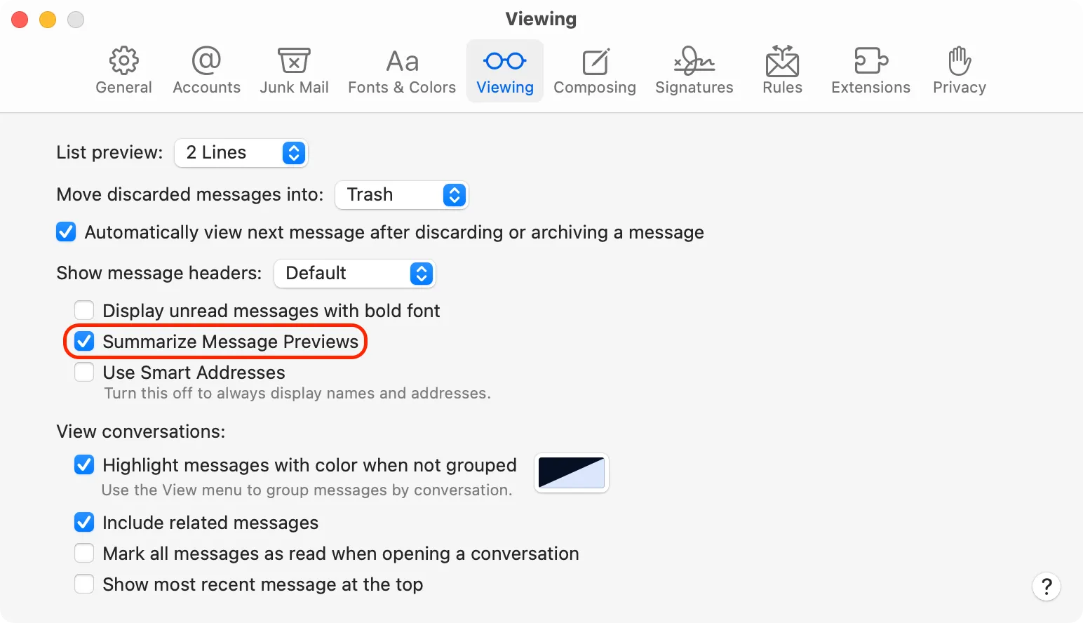 Tắt tính năng tóm tắt tin nhắn Apple Mail trên Mac