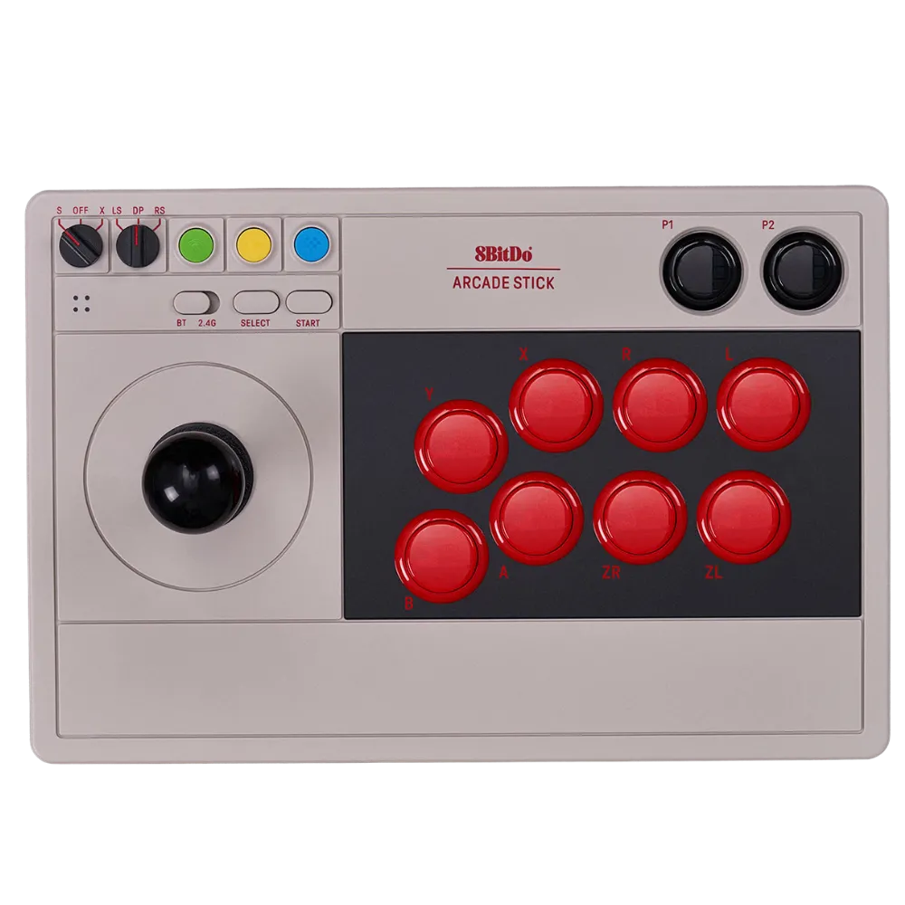 Tay cầm arcade 8Bitdo cho Nintendo Switch màu đen, minh họa thiết kế nút bấm truyền thống.