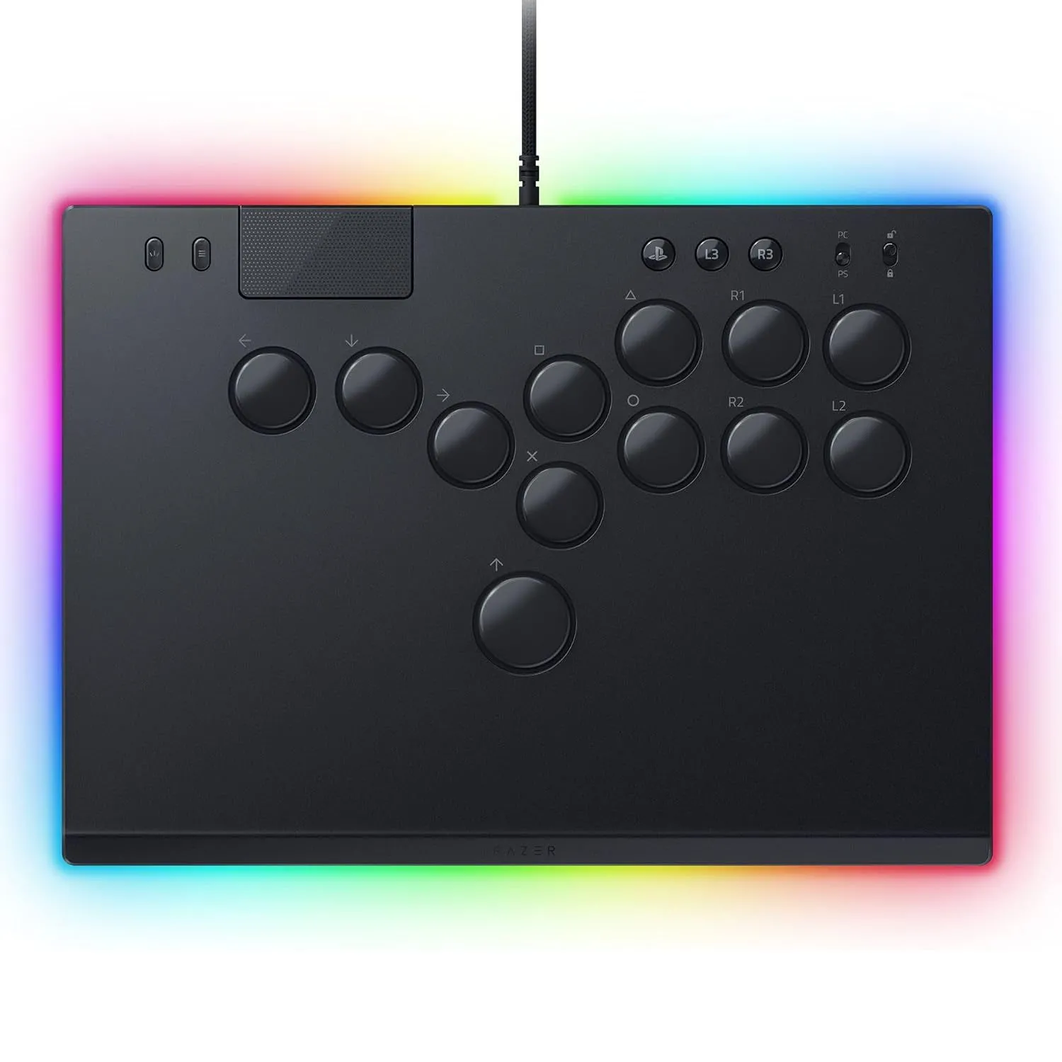 Tay cầm điều khiển Razer Kitsune all-button arcade màu đen nhìn từ góc trên, thể hiện thiết kế tinh tế.