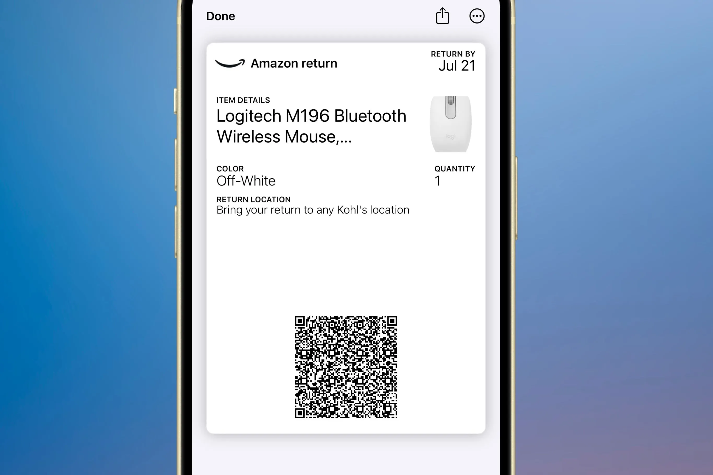 Thẻ trả hàng Amazon trong ứng dụng Apple Wallet hiển thị mã QR, thông tin sản phẩm và địa điểm trả hàng chi tiết, tăng cường tiện ích quản lý.