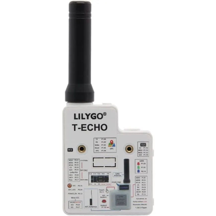 Thiết bị radio Lilygo T-Echo LoRa với màn hình e-paper, một lựa chọn phổ biến cho node Meshtastic nhờ khả năng tiết kiệm năng lượng và hỗ trợ GPS.