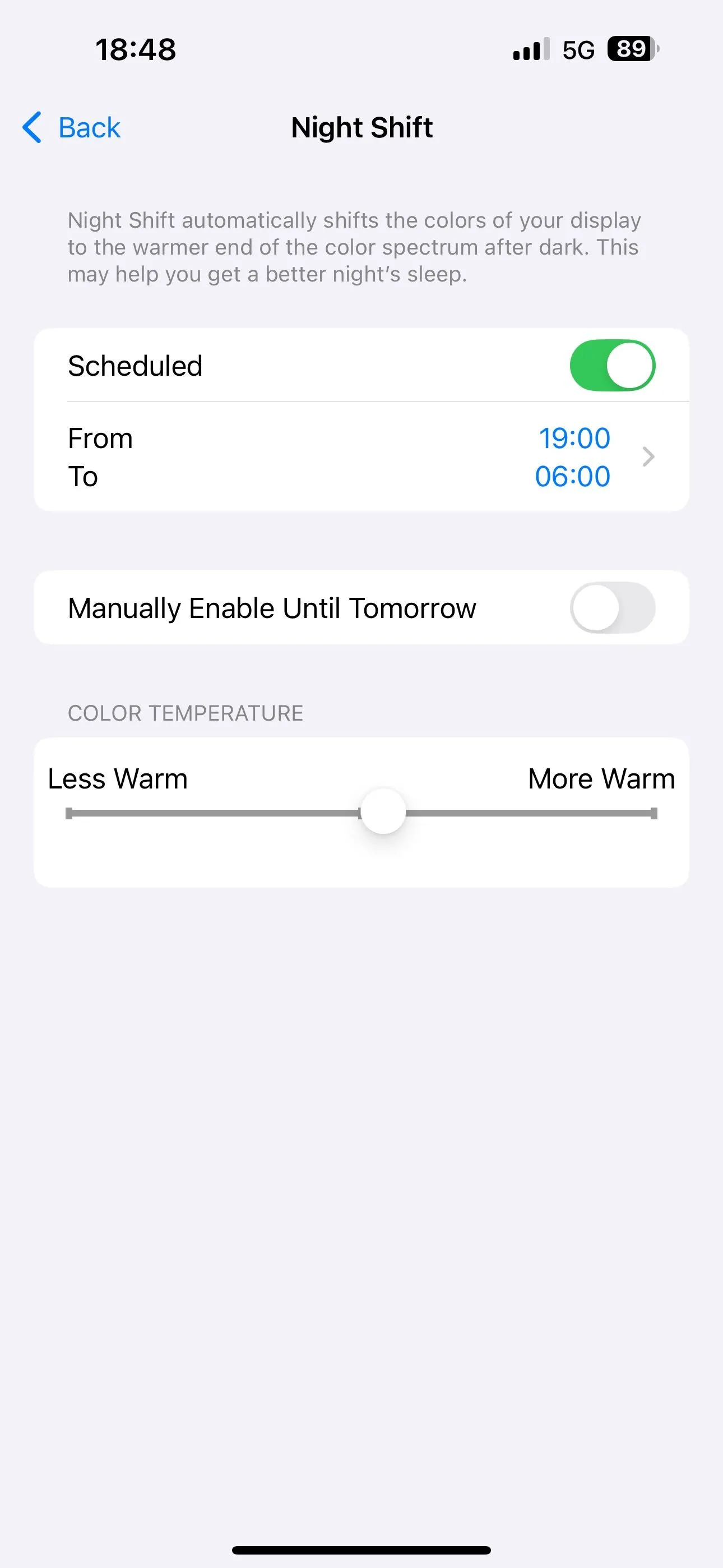 Thiết lập lịch trình tự động bật tắt Night Shift trên iPhone trong cài đặt iOS