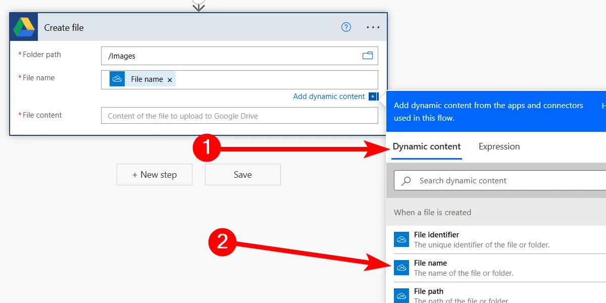 Thiết lập tên tệp động (File Name) cho hành động Google Drive trong Power Automate, lấy từ trigger OneDrive.