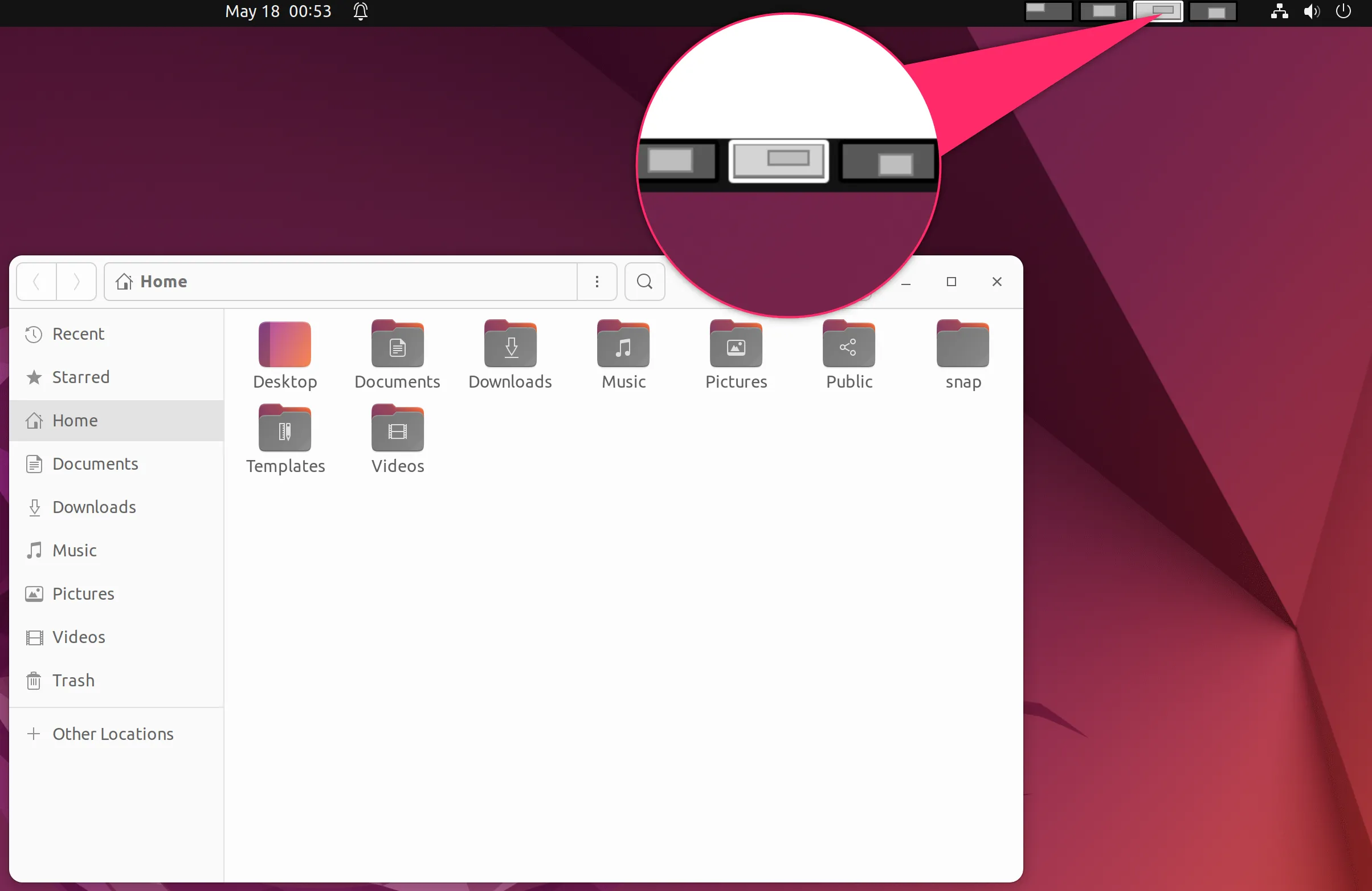 Tiện ích chuyển đổi màn hình ảo trên thanh điều khiển (panel) của Ubuntu, giúp quản lý không gian làm việc hiệu quả.
