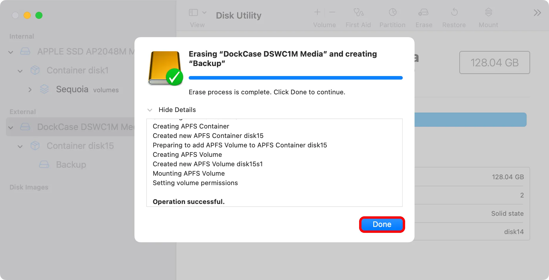 Tiện ích Đĩa macOS hoàn tất quá trình định dạng ổ đĩa, nút &quot;Xong&quot; được tô sáng.