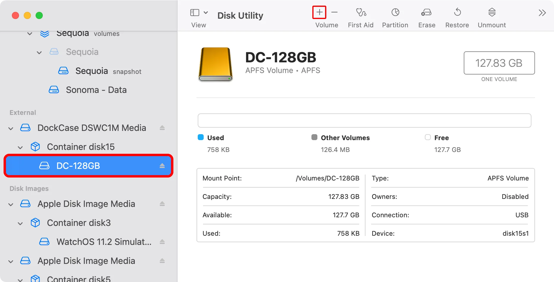 Tiện ích Đĩa macOS với ổ đĩa ngoài được chọn và nút &quot;Thêm Phân Vùng&quot; được tô sáng trên thanh công cụ.
