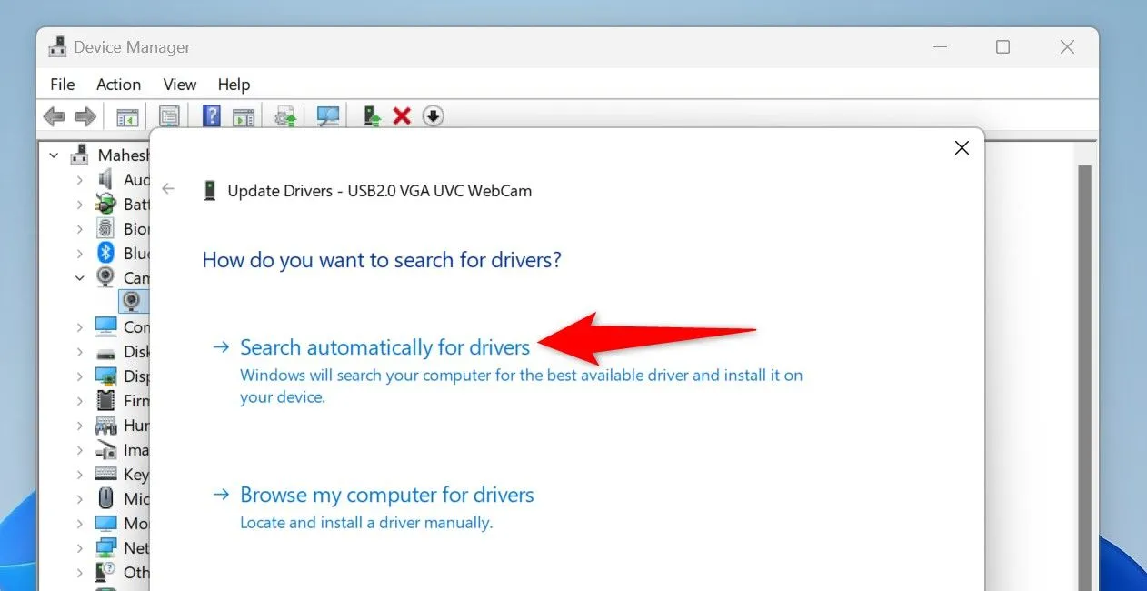 Tìm kiếm driver tự động cho thiết bị trên Windows 11.