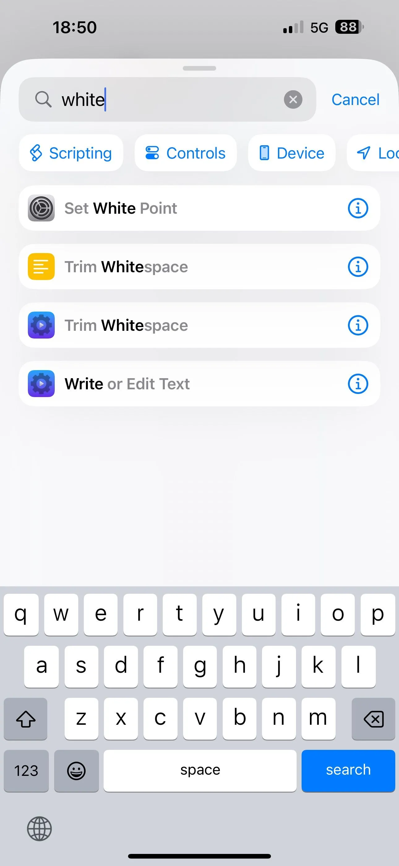 Tìm kiếm và thêm tác vụ Đặt Điểm trắng vào phím tắt trong ứng dụng Phím tắt của iPhone