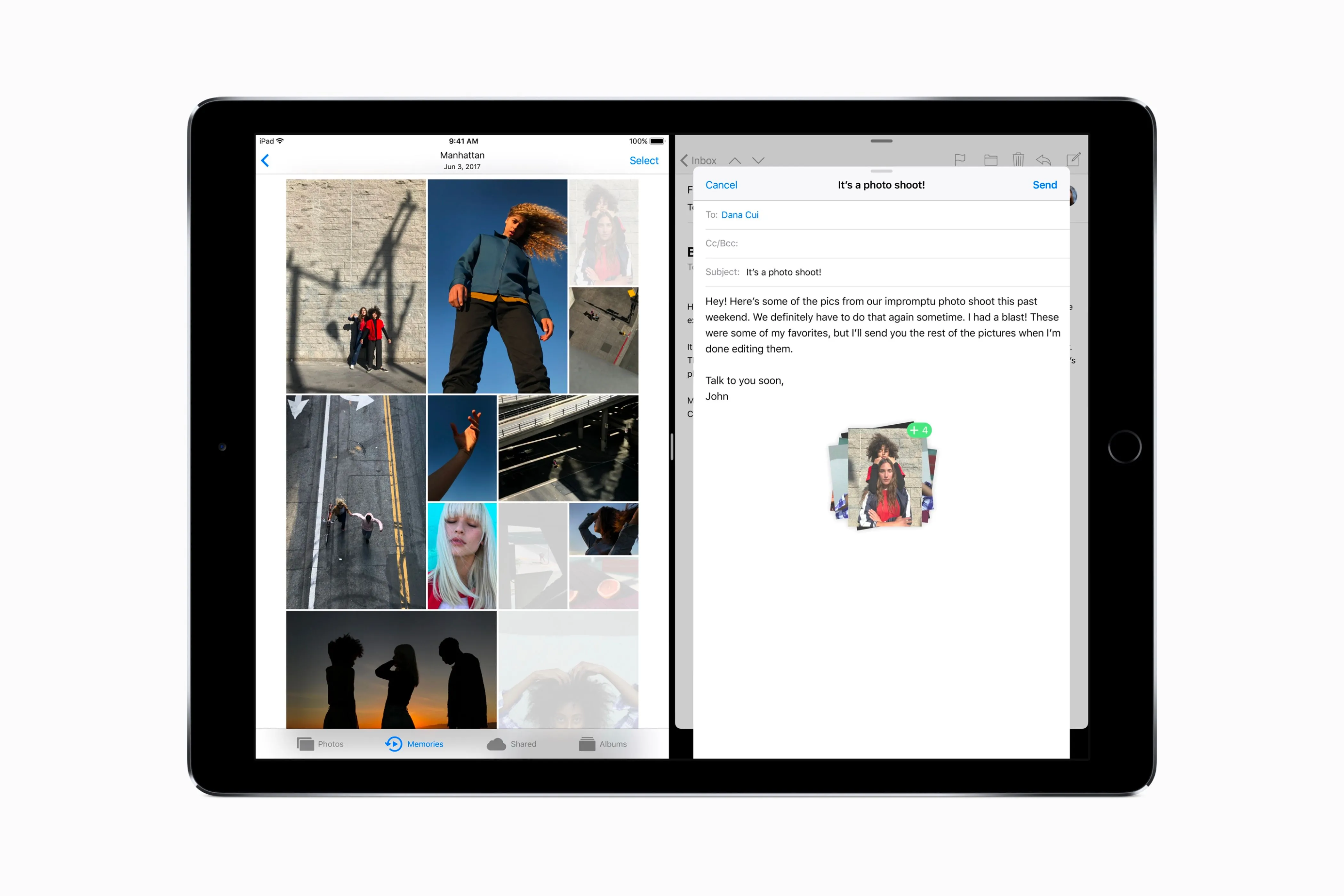Tính năng kéo thả (drag and drop) tài liệu giữa các ứng dụng trên iPad chạy iOS 11, minh họa khả năng làm việc đa nhiệm.