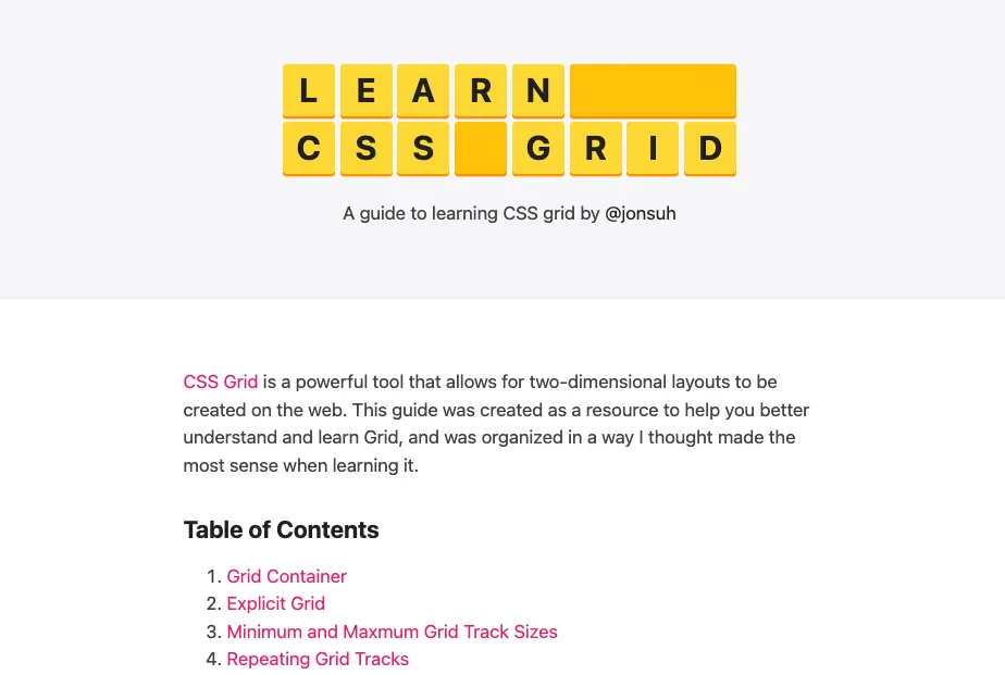 Trang web Learn CSS Grid hiển thị phần giới thiệu ngắn và mục lục, hướng dẫn các khái niệm cơ bản về CSS Grid như Grid Container.